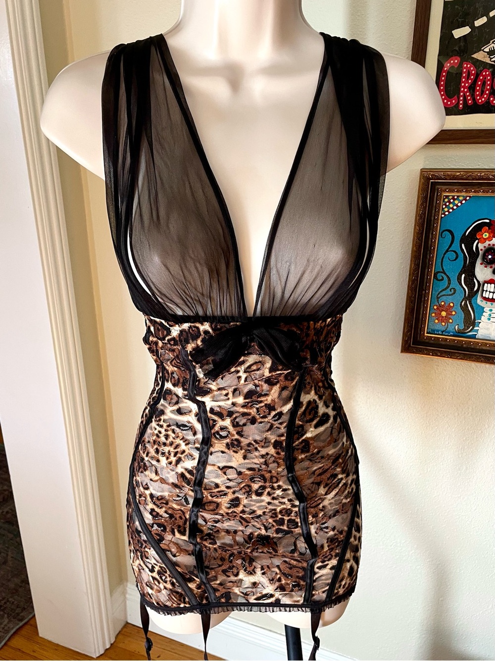 Shirley of Hollywood Vintage Leopard Slit Top Chemise Dress Garters S Lingerie